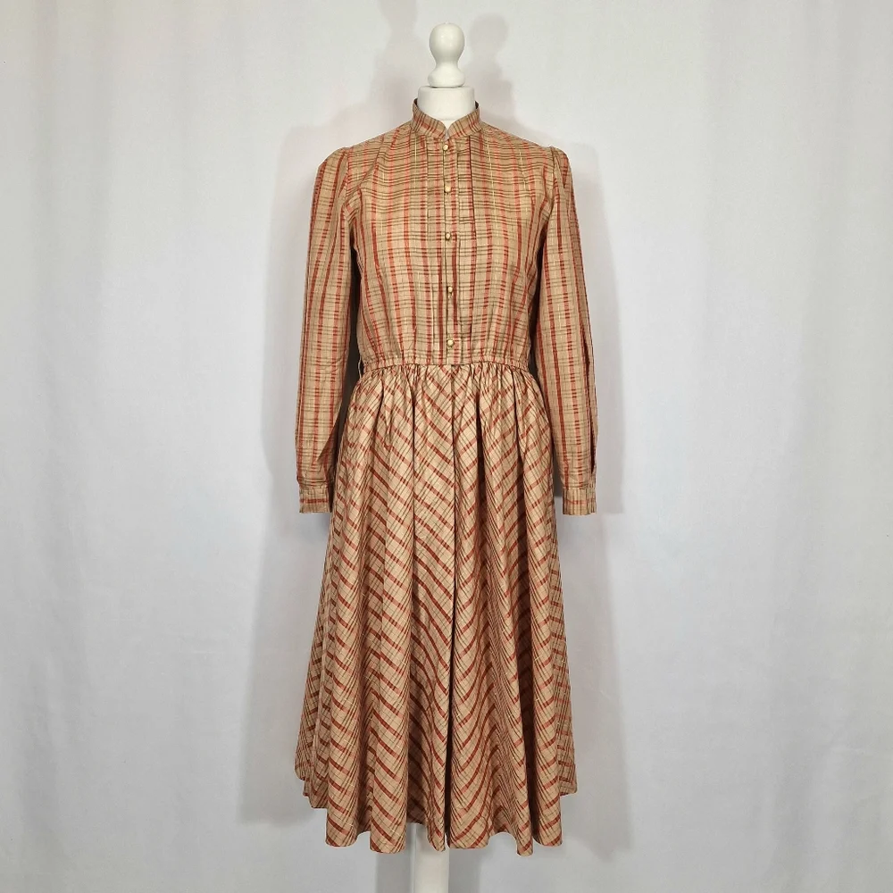 Vintage Japanese Cordier Gold Red Beige Tartan Pleated Fit And Flare Dress 10 - Picture 1 of 8
